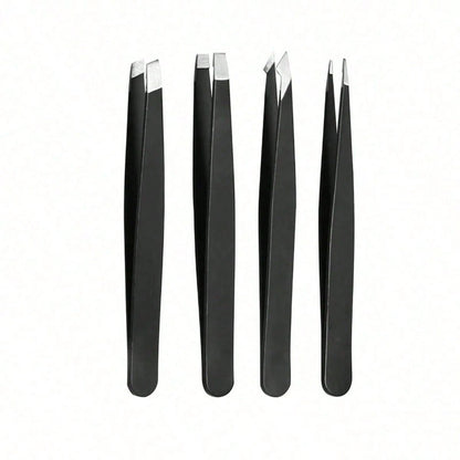 4 Pcs Precision Tweezers Set For Eyebrows,Black Stainless Steel Eyebrow Tweezers, Flat Mouth, Slanted Mouth, Pointed Nose Clip, Eyebrow Trimming, False Eyelash Grafting, Beard Pulling Tool,Eyebrow Tri