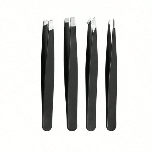 4 Pcs Precision Tweezers Set For Eyebrows,Black Stainless Steel Eyebrow Tweezers, Flat Mouth, Slanted Mouth, Pointed Nose Clip, Eyebrow Trimming, False Eyelash Grafting, Beard Pulling Tool,Eyebrow Tri
