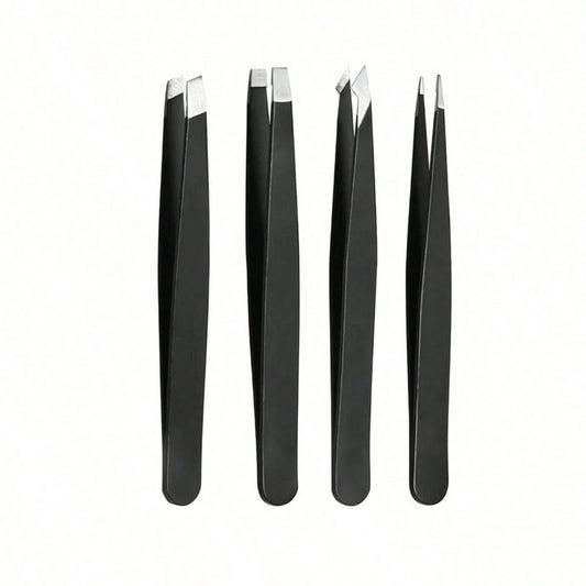 4 Pcs Precision Tweezers Set For Eyebrows,Black Stainless Steel Eyebrow Tweezers, Flat Mouth, Slanted Mouth, Pointed Nose Clip, Eyebrow Trimming, False Eyelash Grafting, Beard Pulling Tool,Eyebrow Tri