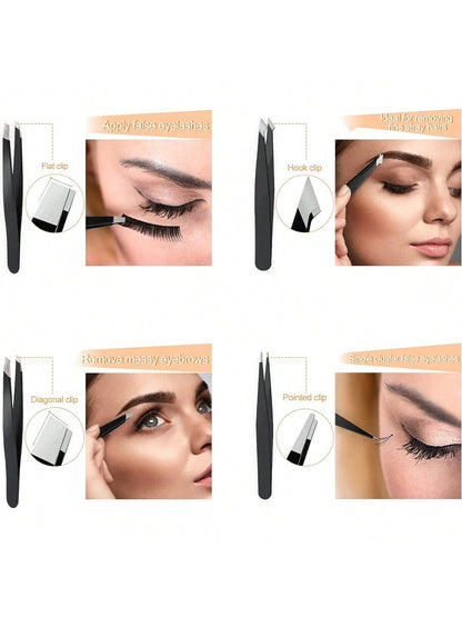 4 Pcs Precision Tweezers Set For Eyebrows,Black Stainless Steel Eyebrow Tweezers, Flat Mouth, Slanted Mouth, Pointed Nose Clip, Eyebrow Trimming, False Eyelash Grafting, Beard Pulling Tool,Eyebrow Tri
