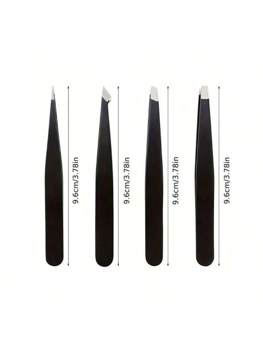 4 Pcs Precision Tweezers Set For Eyebrows,Black Stainless Steel Eyebrow Tweezers, Flat Mouth, Slanted Mouth, Pointed Nose Clip, Eyebrow Trimming, False Eyelash Grafting, Beard Pulling Tool,Eyebrow Tri