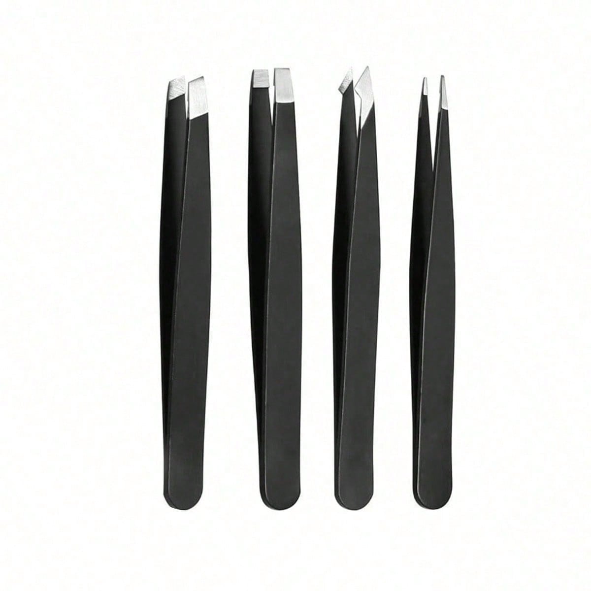 4 Pcs Precision Tweezers Set For Eyebrows,Black Stainless Steel Eyebrow Tweezers, Flat Mouth, Slanted Mouth, Pointed Nose Clip, Eyebrow Trimming, False Eyelash Grafting, Beard Pulling Tool,Eyebrow Tri