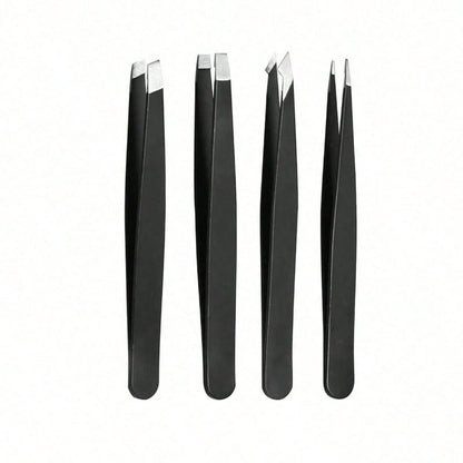 4 Pcs Precision Tweezers Set For Eyebrows,Black Stainless Steel Eyebrow Tweezers, Flat Mouth, Slanted Mouth, Pointed Nose Clip, Eyebrow Trimming, False Eyelash Grafting, Beard Pulling Tool,Eyebrow Tri
