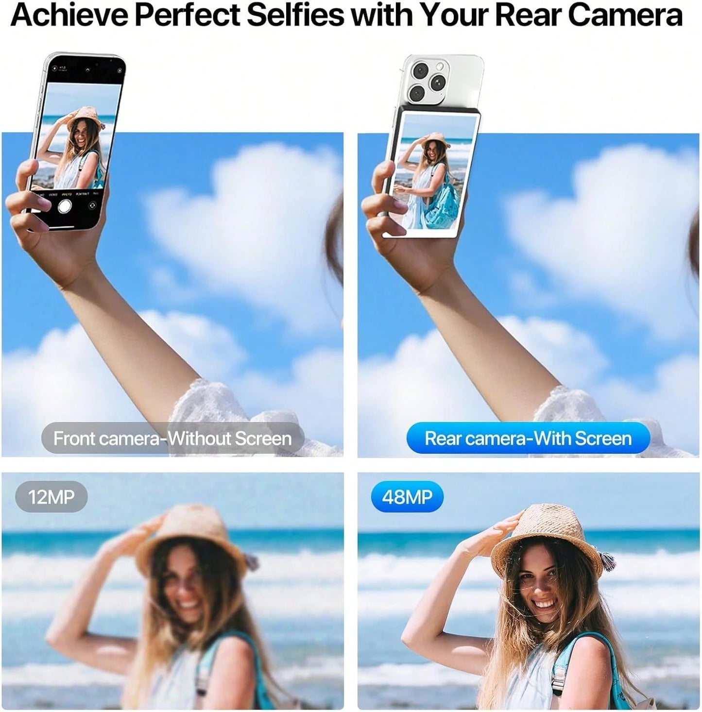 4." Selfie Monitor Screen Phone 17, 1080P Wireless Screen Mirroring Back Camera Monitor Phone, Magnetic Selfie Screen With 100ft Remote For Vlog Snaplylens For Phone, Android, Pink 1600mAh Battery