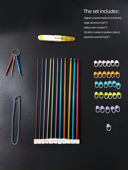 44pcs Tunisian Crochet Set, Includes 11pcs 2.0-8.0mm Metal Long Crochet Hooks And 33pcs Auxiliary Accessories, Extra Long Crochet Hook Set