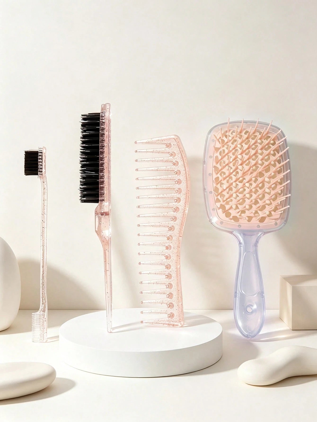 4pcs/1pc Glitter Pink Hair Comb Set, Hollow Ventilated Detangling Wide Tooth Curl Comb, Rat Tail Comb, Double-Sided Hairline Trimming Brush, Anti-Static Salon Hair Styling Accessories Set, Suitable Fo