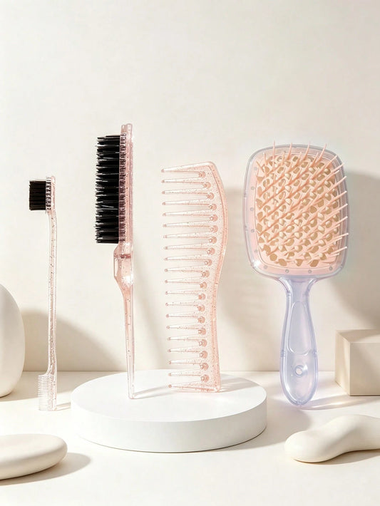 4pcs/1pc Glitter Pink Hair Comb Set, Hollow Ventilated Detangling Wide Tooth Curl Comb, Rat Tail Comb, Double-Sided Hairline Trimming Brush, Anti-Static Salon Hair Styling Accessories Set, Suitable Fo