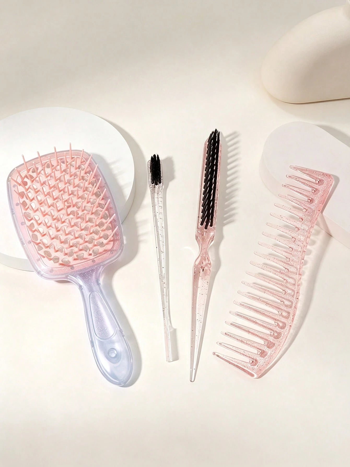 4pcs/1pc Glitter Pink Hair Comb Set, Hollow Ventilated Detangling Wide Tooth Curl Comb, Rat Tail Comb, Double-Sided Hairline Trimming Brush, Anti-Static Salon Hair Styling Accessories Set, Suitable Fo