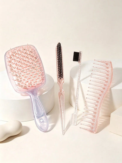 4pcs/1pc Glitter Pink Hair Comb Set, Hollow Ventilated Detangling Wide Tooth Curl Comb, Rat Tail Comb, Double-Sided Hairline Trimming Brush, Anti-Static Salon Hair Styling Accessories Set, Suitable Fo