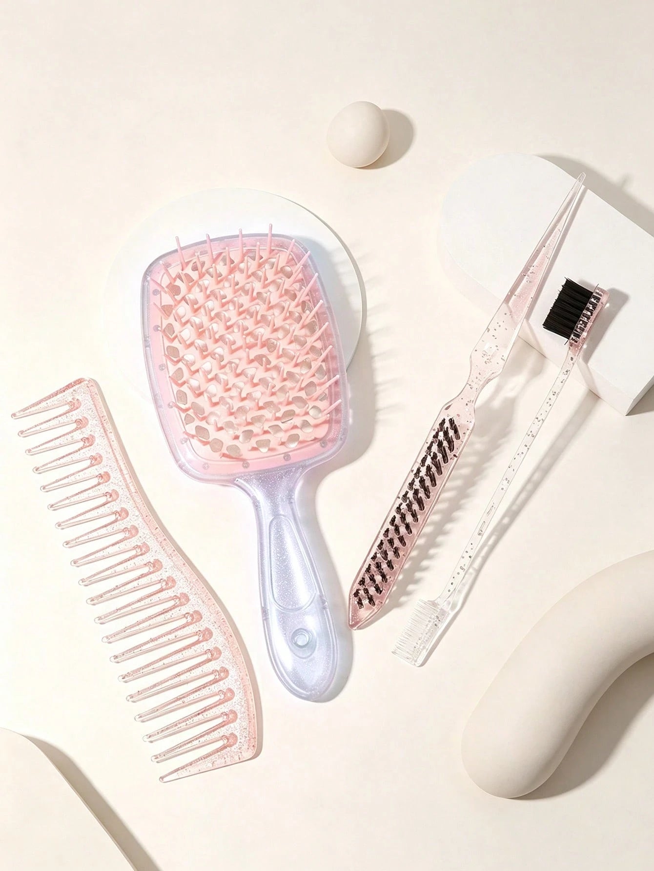 4pcs/1pc Glitter Pink Hair Comb Set, Hollow Ventilated Detangling Wide Tooth Curl Comb, Rat Tail Comb, Double-Sided Hairline Trimming Brush, Anti-Static Salon Hair Styling Accessories Set, Suitable Fo
