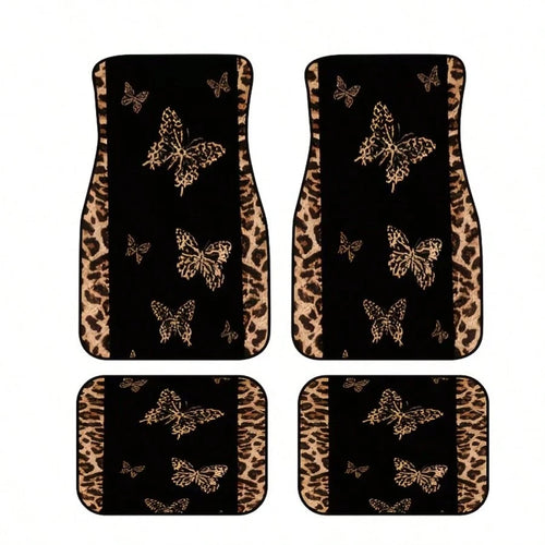 4pcs [2D Flat], Full Coverage Leopard Print Butterfly Car Floor Mats- Suitable For SUV And Compact Cars/Trucks, Perfect Fit Anti-Slip Easy Clean, Fashion Interior Upgrade, All-Weather Car Carpet, Ide