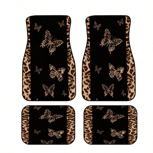 4pcs [2D Flat], Full Coverage Leopard Print Butterfly Car Floor Mats- Suitable For SUV And Compact Cars/Trucks, Perfect Fit Anti-Slip Easy Clean, Fashion Interior Upgrade, All-Weather Car Carpet, Ide