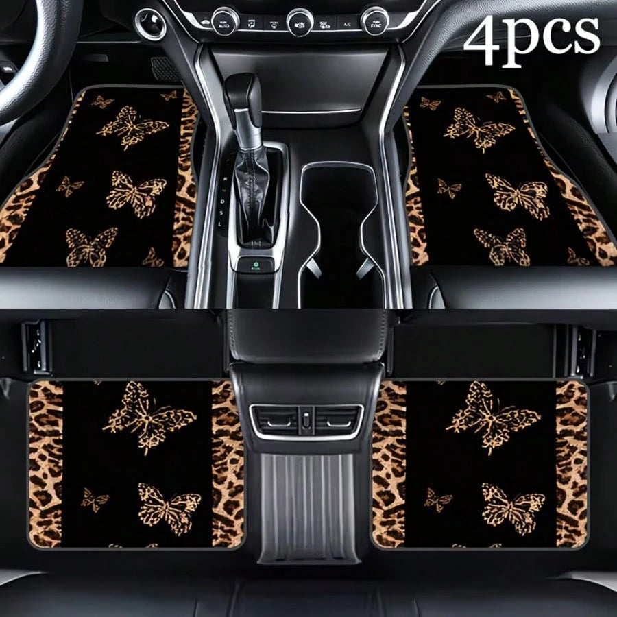 4pcs [2D Flat], Full Coverage Leopard Print Butterfly Car Floor Mats- Suitable For SUV And Compact Cars/Trucks, Perfect Fit Anti-Slip Easy Clean, Fashion Interior Upgrade, All-Weather Car Carpet, Ide