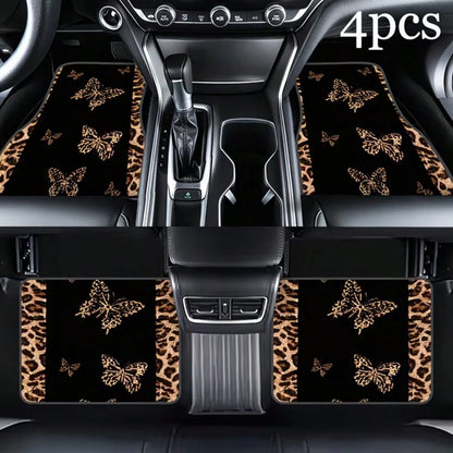 4pcs [2D Flat], Full Coverage Leopard Print Butterfly Car Floor Mats- Suitable For SUV And Compact Cars/Trucks, Perfect Fit Anti-Slip Easy Clean, Fashion Interior Upgrade, All-Weather Car Carpet, Ide