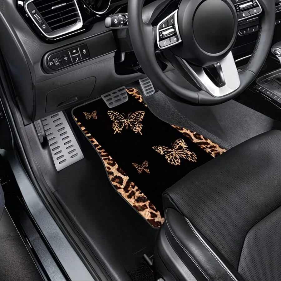 4pcs [2D Flat], Full Coverage Leopard Print Butterfly Car Floor Mats- Suitable For SUV And Compact Cars/Trucks, Perfect Fit Anti-Slip Easy Clean, Fashion Interior Upgrade, All-Weather Car Carpet, Ide