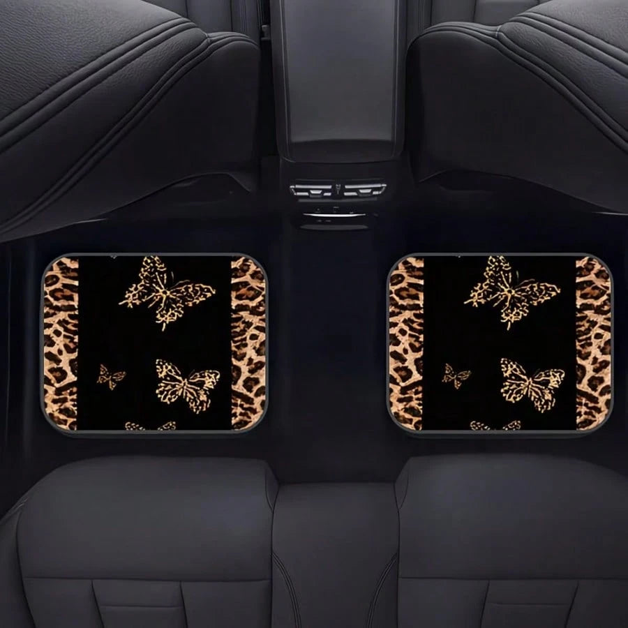 4pcs [2D Flat], Full Coverage Leopard Print Butterfly Car Floor Mats- Suitable For SUV And Compact Cars/Trucks, Perfect Fit Anti-Slip Easy Clean, Fashion Interior Upgrade, All-Weather Car Carpet, Ide