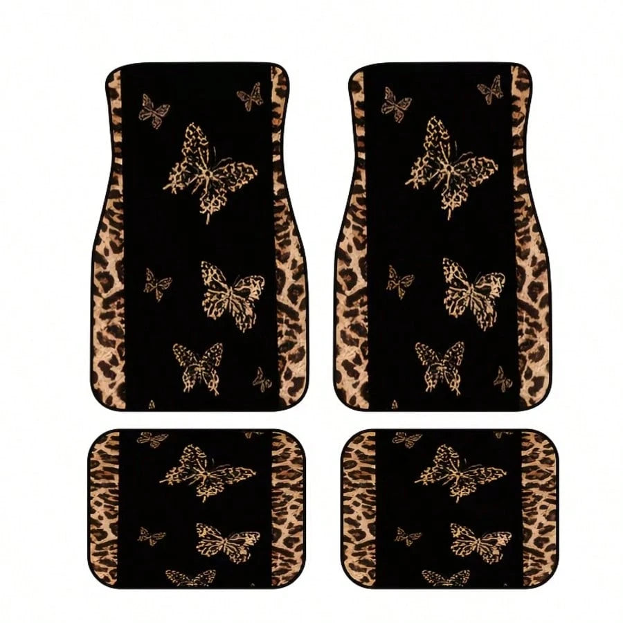 4pcs [2D Flat], Full Coverage Leopard Print Butterfly Car Floor Mats- Suitable For SUV And Compact Cars/Trucks, Perfect Fit Anti-Slip Easy Clean, Fashion Interior Upgrade, All-Weather Car Carpet, Ide