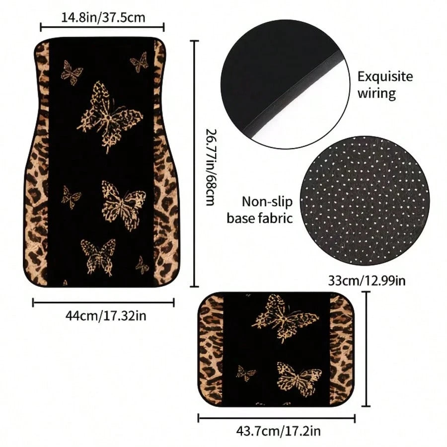 4pcs [2D Flat], Full Coverage Leopard Print Butterfly Car Floor Mats- Suitable For SUV And Compact Cars/Trucks, Perfect Fit Anti-Slip Easy Clean, Fashion Interior Upgrade, All-Weather Car Carpet, Ide
