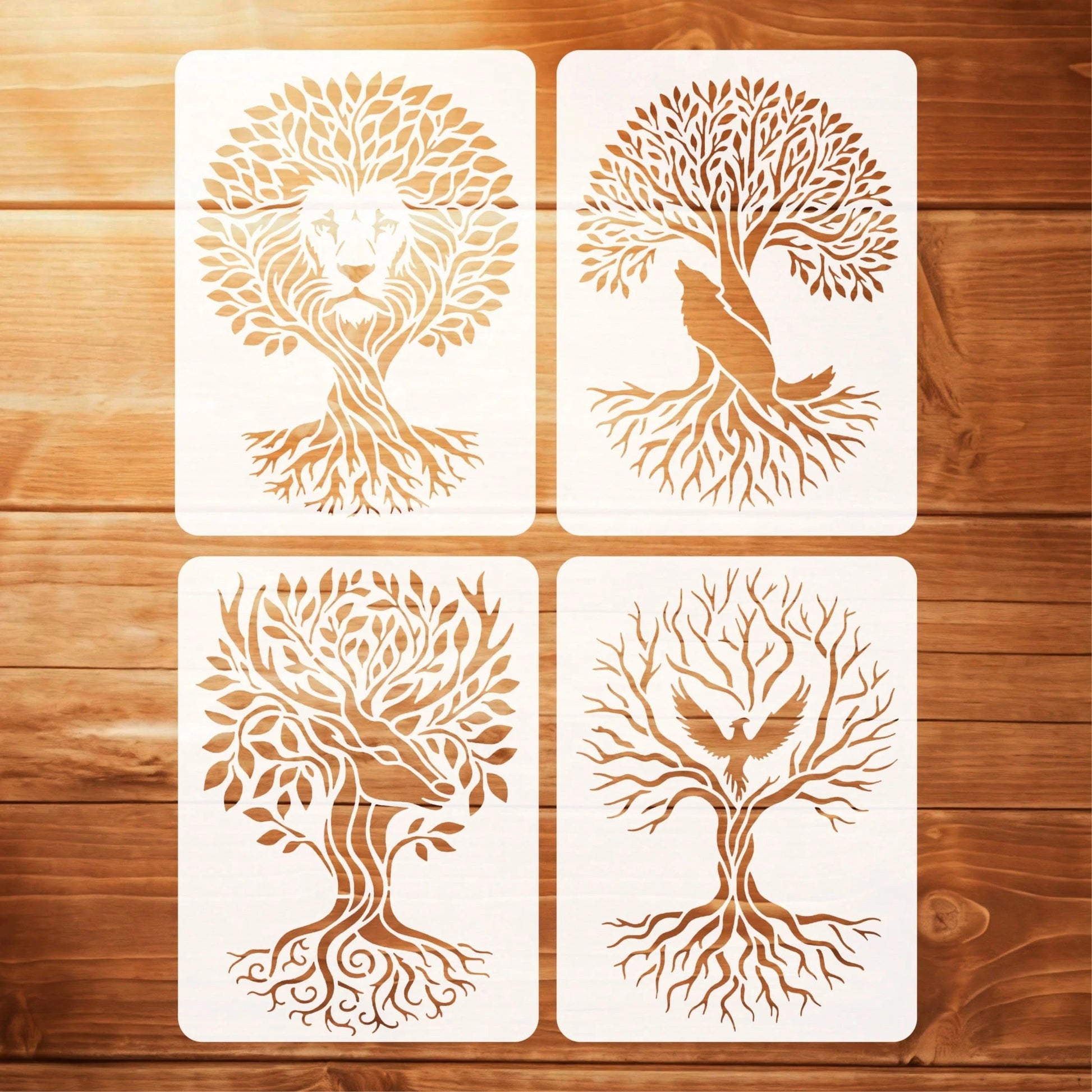 4pcs Animal Tree Of Life Painting Stencils, Washable And Reusable Tree Animal Doodle Templates, Suitable For DIY Crafts And Home Decor