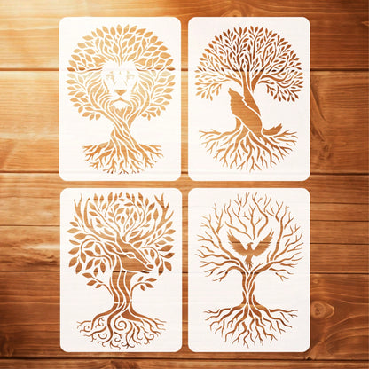 4pcs Animal Tree Of Life Painting Stencils, Washable And Reusable Tree Animal Doodle Templates, Suitable For DIY Crafts And Home Decor