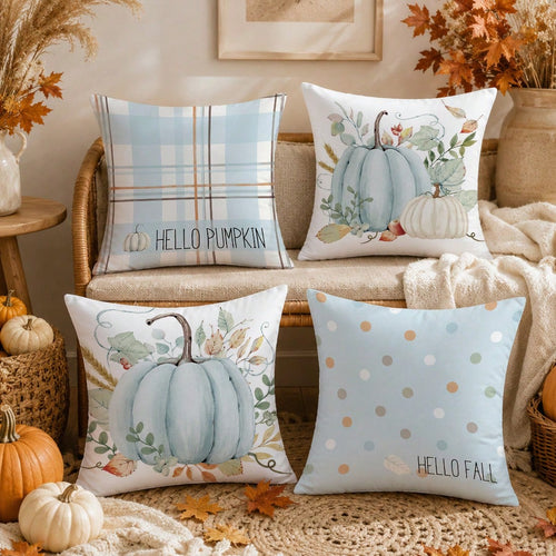 4pcs Autumn Blue Pumpkin Pattern Cushion Covers, Single-Sided Printed Skin-Friendly Peach Skin Velvet Material, 45*45CM Pillow Covers Suitable For Room Decoration, Indoor Sofa Living Room Decoration