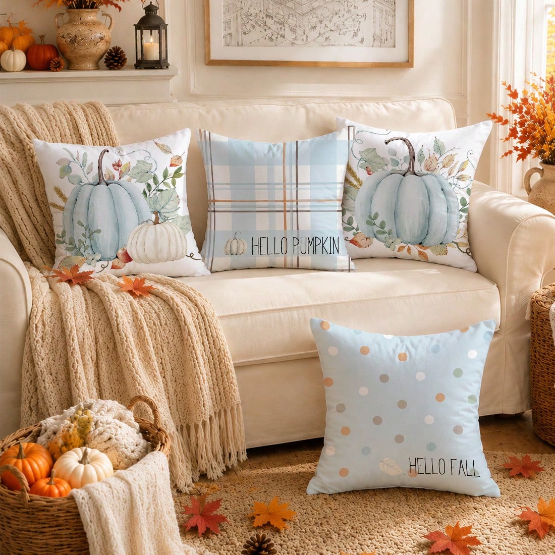 4pcs Autumn Blue Pumpkin Pattern Cushion Covers, Single-Sided Printed Skin-Friendly Peach Skin Velvet Material, 45*45CM Pillow Covers Suitable For Room Decoration, Indoor Sofa Living Room Decoration