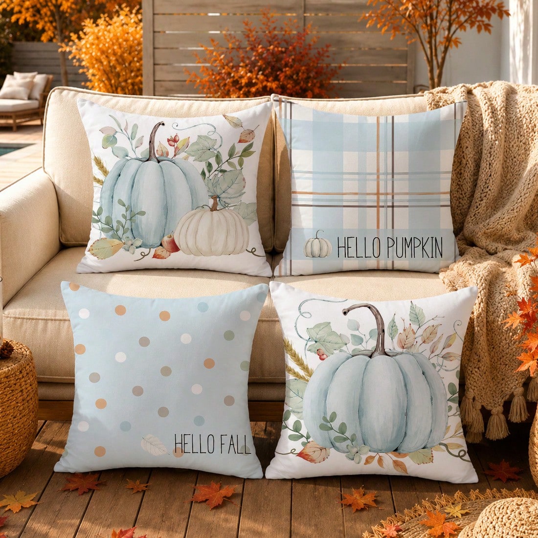 4pcs Autumn Blue Pumpkin Pattern Cushion Covers, Single-Sided Printed Skin-Friendly Peach Skin Velvet Material, 45*45CM Pillow Covers Suitable For Room Decoration, Indoor Sofa Living Room Decoration