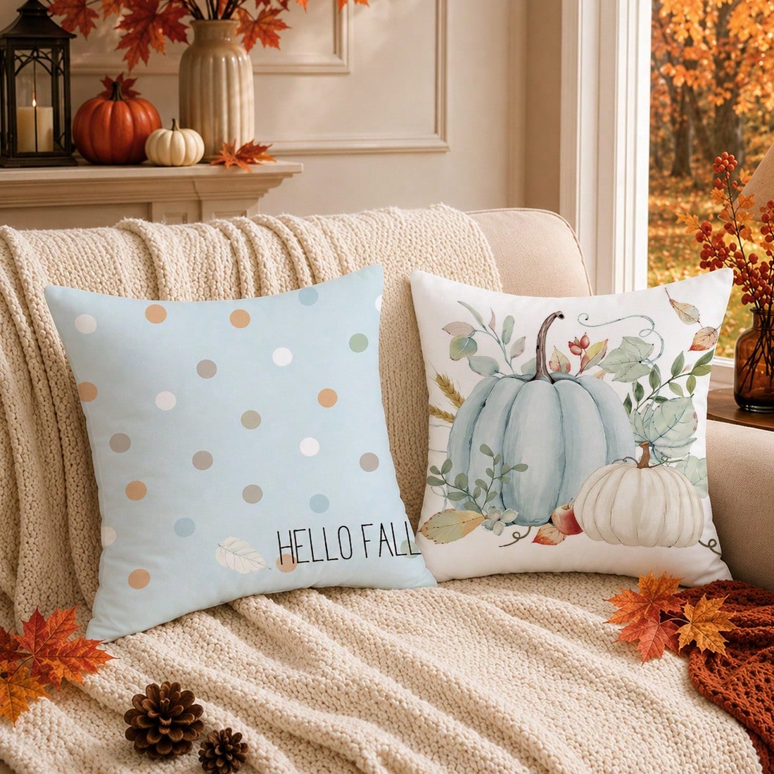 4pcs Autumn Blue Pumpkin Pattern Cushion Covers, Single-Sided Printed Skin-Friendly Peach Skin Velvet Material, 45*45CM Pillow Covers Suitable For Room Decoration, Indoor Sofa Living Room Decoration