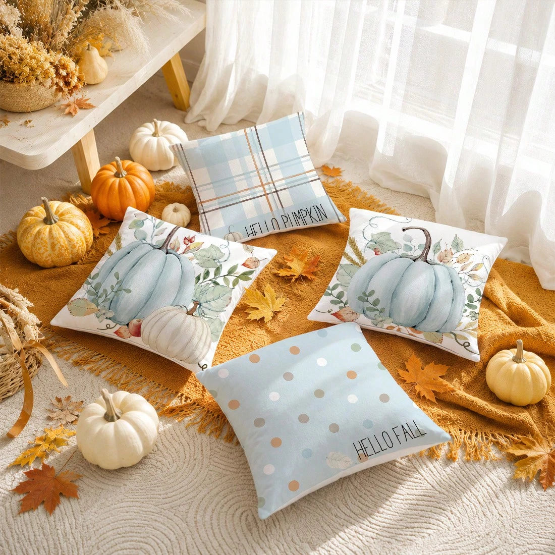 4pcs Autumn Blue Pumpkin Pattern Cushion Covers, Single-Sided Printed Skin-Friendly Peach Skin Velvet Material, 45*45CM Pillow Covers Suitable For Room Decoration, Indoor Sofa Living Room Decoration
