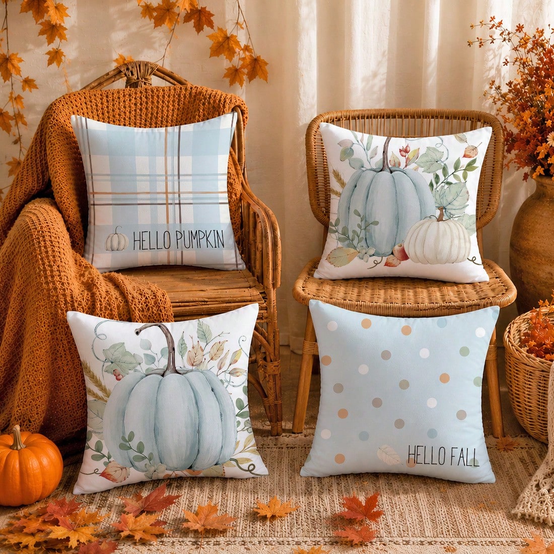 4pcs Autumn Blue Pumpkin Pattern Cushion Covers, Single-Sided Printed Skin-Friendly Peach Skin Velvet Material, 45*45CM Pillow Covers Suitable For Room Decoration, Indoor Sofa Living Room Decoration