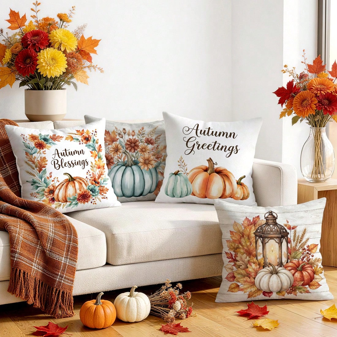 4pcs Autumn Maple Leaf & Pumpkin Decorative Pattern Single-Sided Printed Throw Pillow Covers/Cushion Covers, Multi-Scene Atmosphere Decor Pillow Covers Suitable For Living Room, Sofa, Bedroom, Pillow