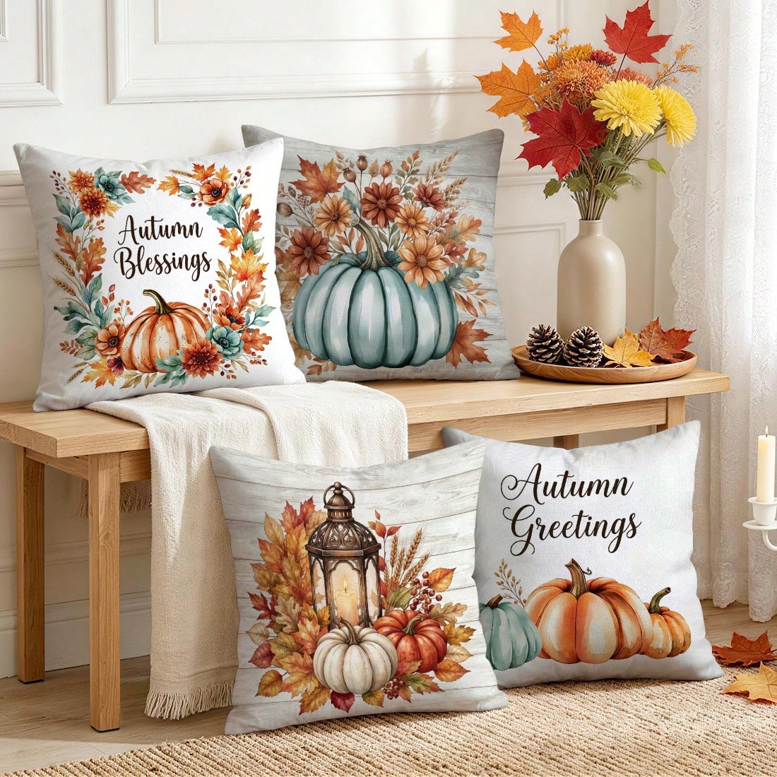 4pcs Autumn Maple Leaf & Pumpkin Decorative Pattern Single-Sided Printed Throw Pillow Covers/Cushion Covers, Multi-Scene Atmosphere Decor Pillow Covers Suitable For Living Room, Sofa, Bedroom, Pillow