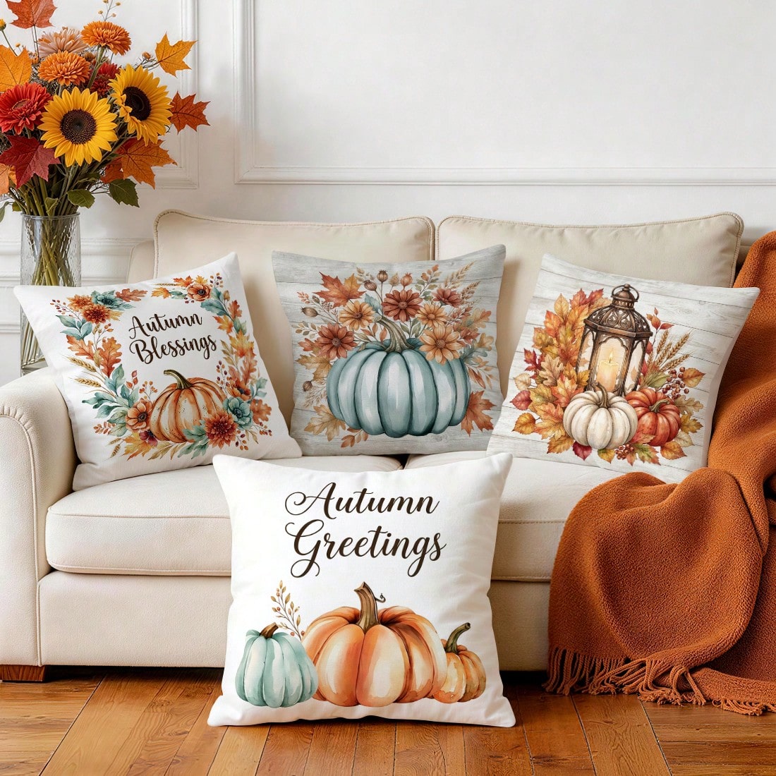 4pcs Autumn Maple Leaf & Pumpkin Decorative Pattern Single-Sided Printed Throw Pillow Covers/Cushion Covers, Multi-Scene Atmosphere Decor Pillow Covers Suitable For Living Room, Sofa, Bedroom, Pillow