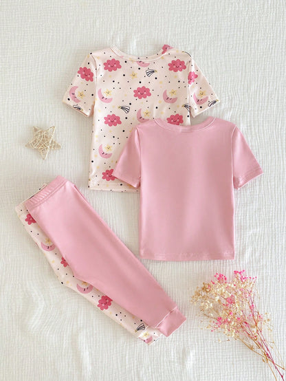 4pcs Baby Girls' Light Pink,Summer,Cute,Graphic,Holiday Star,Moon,Cloud Print Rib Knit Crew Neck Short Sleeve Top And Pants Snug Fit Pajama Set