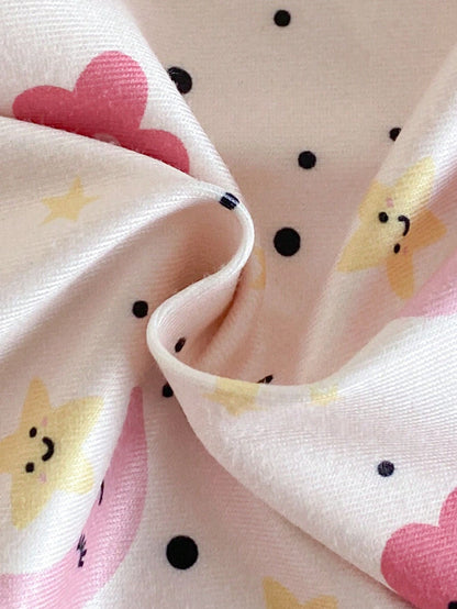 4pcs Baby Girls' Light Pink,Summer,Cute,Graphic,Holiday Star,Moon,Cloud Print Rib Knit Crew Neck Short Sleeve Top And Pants Snug Fit Pajama Set