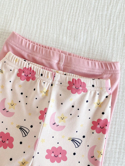 4pcs Baby Girls' Light Pink,Summer,Cute,Graphic,Holiday Star,Moon,Cloud Print Rib Knit Crew Neck Short Sleeve Top And Pants Snug Fit Pajama Set