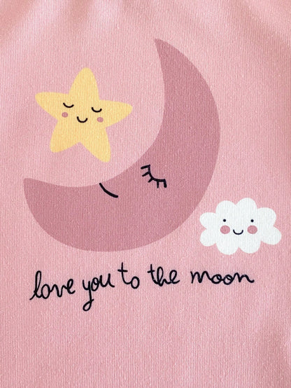 4pcs Baby Girls' Light Pink,Summer,Cute,Graphic,Holiday Star,Moon,Cloud Print Rib Knit Crew Neck Short Sleeve Top And Pants Snug Fit Pajama Set