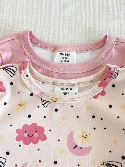 4pcs Baby Girls' Light Pink,Summer,Cute,Graphic,Holiday Star,Moon,Cloud Print Rib Knit Crew Neck Short Sleeve Top And Pants Snug Fit Pajama Set