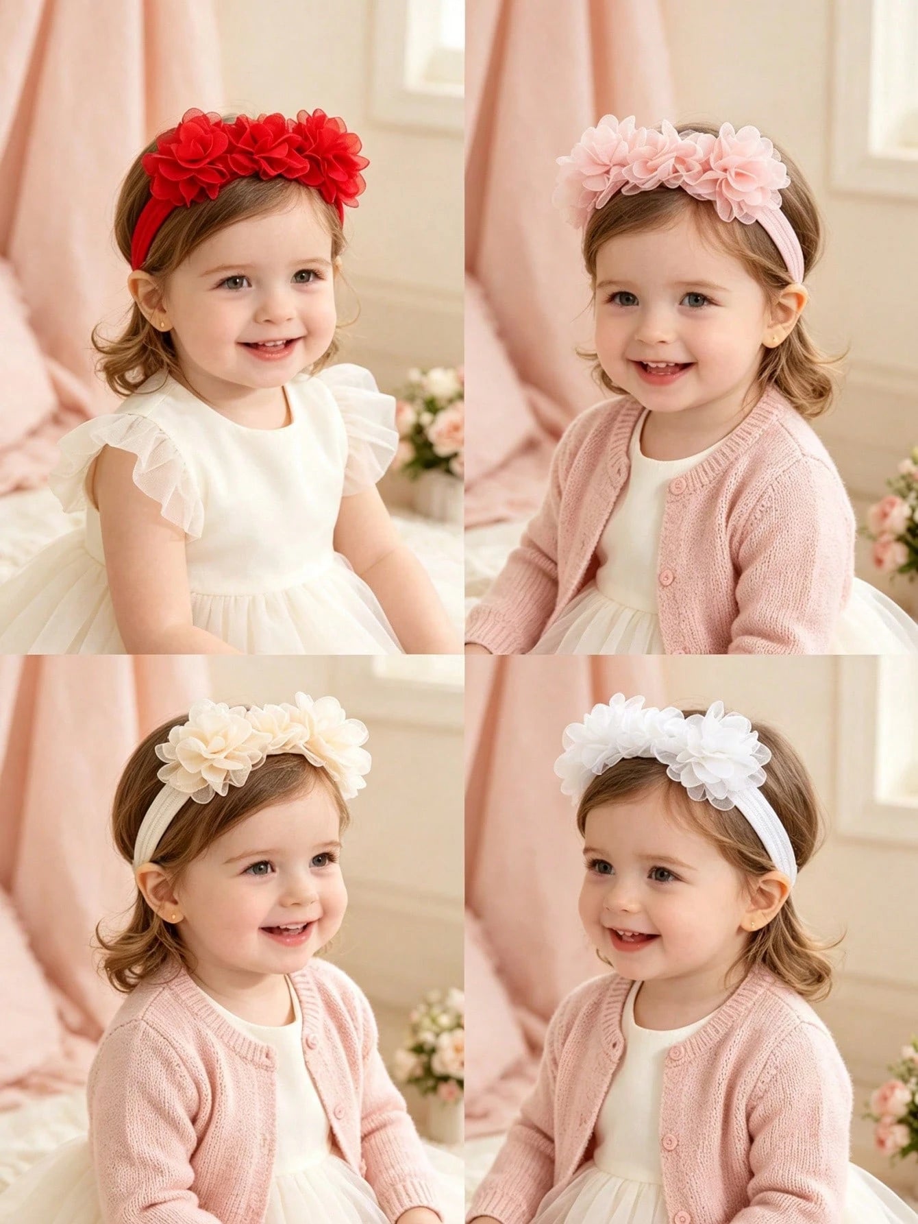 4pcs Baby Solid Flower Headbands, Sweet Princess Decorative Hair Accessories