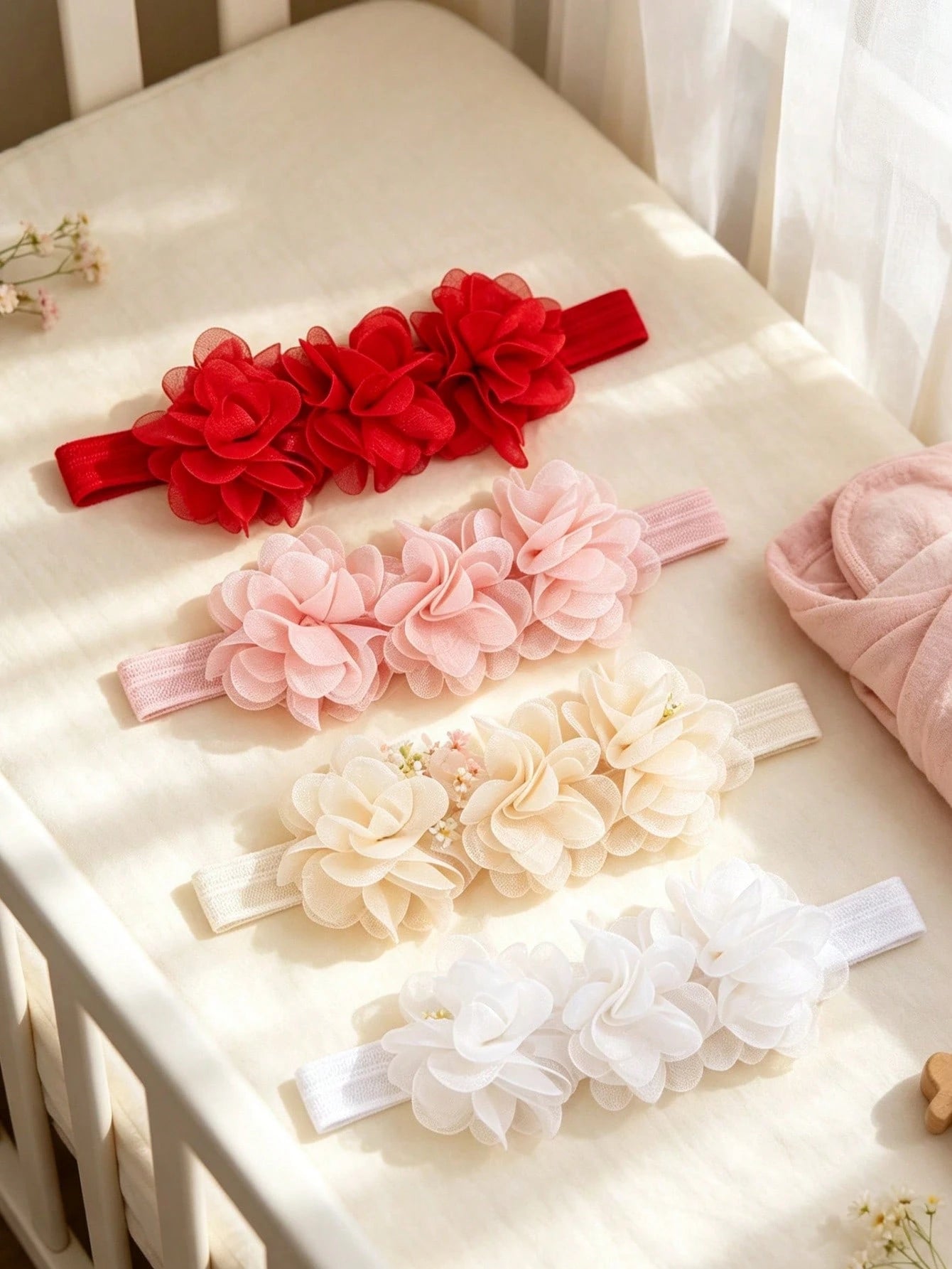 4pcs Baby Solid Flower Headbands, Sweet Princess Decorative Hair Accessories