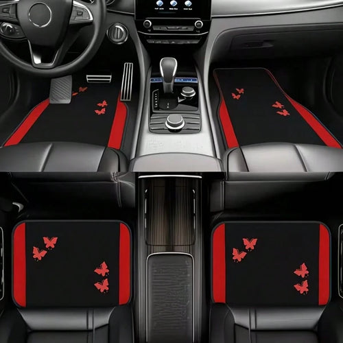 4pcs Car Floor Mats Set| All-Season Vehicle Carpet Protection- All-Weather Red Butterfly Design Polyester Mats| Suitable For Sedan, Truck, SUV- Christmas And Halloween Gift For Men And Women