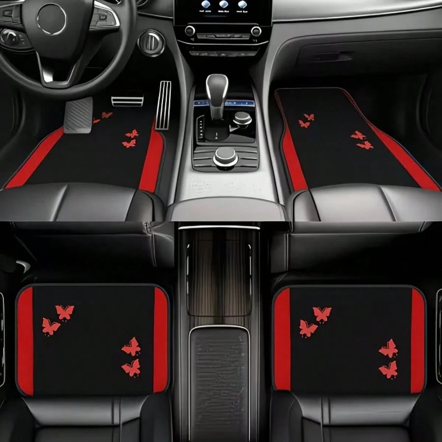 4pcs Car Floor Mats Set| All-Season Vehicle Carpet Protection- All-Weather Red Butterfly Design Polyester Mats| Suitable For Sedan, Truck, SUV- Christmas And Halloween Gift For Men And Women