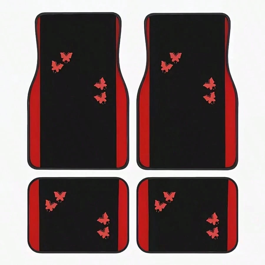 4pcs Car Floor Mats Set| All-Season Vehicle Carpet Protection- All-Weather Red Butterfly Design Polyester Mats| Suitable For Sedan, Truck, SUV- Christmas And Halloween Gift For Men And Women