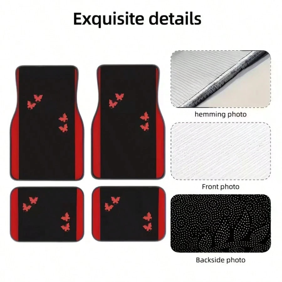 4pcs Car Floor Mats Set| All-Season Vehicle Carpet Protection- All-Weather Red Butterfly Design Polyester Mats| Suitable For Sedan, Truck, SUV- Christmas And Halloween Gift For Men And Women