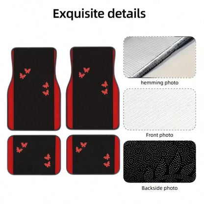 4pcs Car Floor Mats Set| All-Season Vehicle Carpet Protection- All-Weather Red Butterfly Design Polyester Mats| Suitable For Sedan, Truck, SUV- Christmas And Halloween Gift For Men And Women