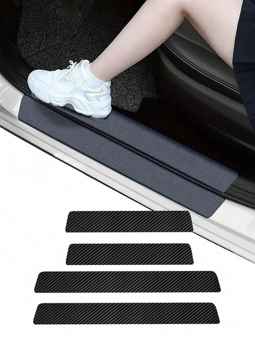 4Pcs Carbon Fiber Car Door Sill Protector Strip- Anti-Scratch Anti-Collision Guard, Carbon Fiber Leather Front & Rear Sill Sticker, Decorative Auto Door Protection Film, Interior Accessory