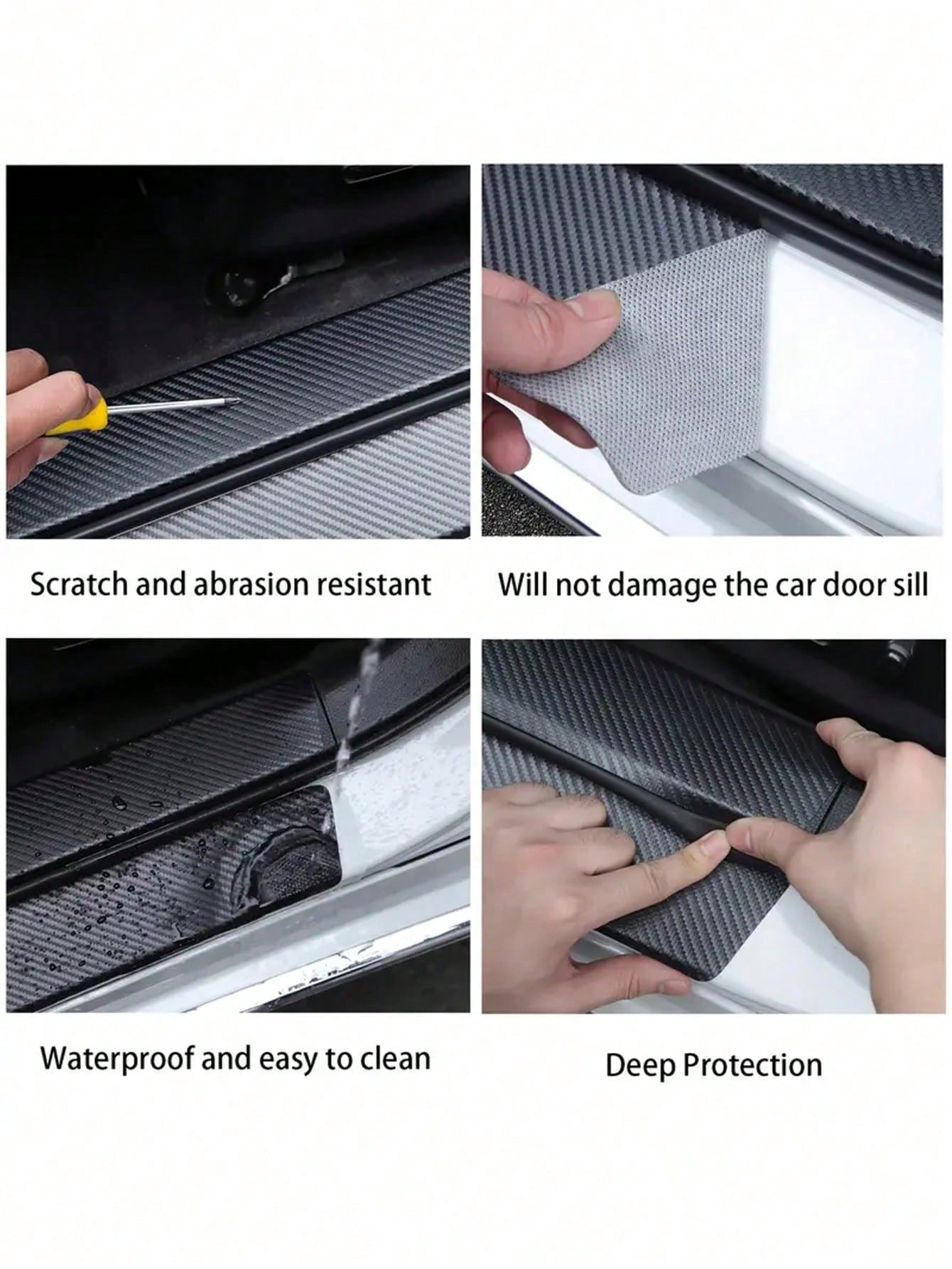 4Pcs Carbon Fiber Car Door Sill Protector Strip- Anti-Scratch Anti-Collision Guard, Carbon Fiber Leather Front & Rear Sill Sticker, Decorative Auto Door Protection Film, Interior Accessory