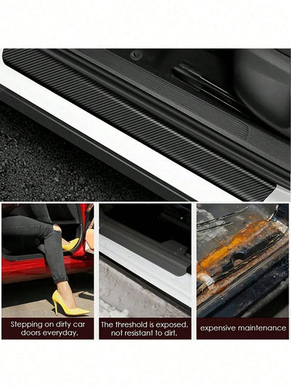 4Pcs Carbon Fiber Car Door Sill Protector Strip- Anti-Scratch Anti-Collision Guard, Carbon Fiber Leather Front & Rear Sill Sticker, Decorative Auto Door Protection Film, Interior Accessory