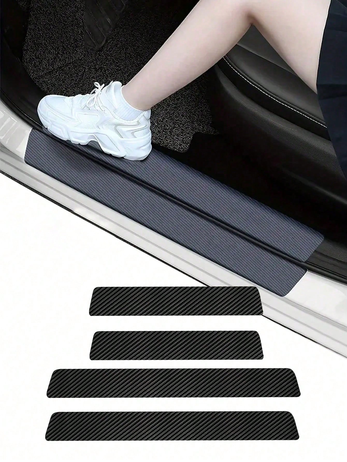 4Pcs Carbon Fiber Car Door Sill Protector Strip- Anti-Scratch Anti-Collision Guard, Carbon Fiber Leather Front & Rear Sill Sticker, Decorative Auto Door Protection Film, Interior Accessory