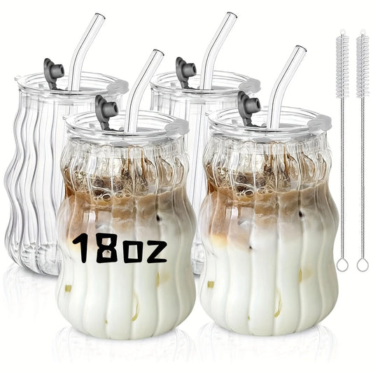 4PCS Coffee Mug With Lid And Straw, 18OZ Glass Cup, Bubble Glass Aesthetics For Iced Coffee, Transparent Ribbed Design, Idealware Set, Straw Cleaning Tool Included